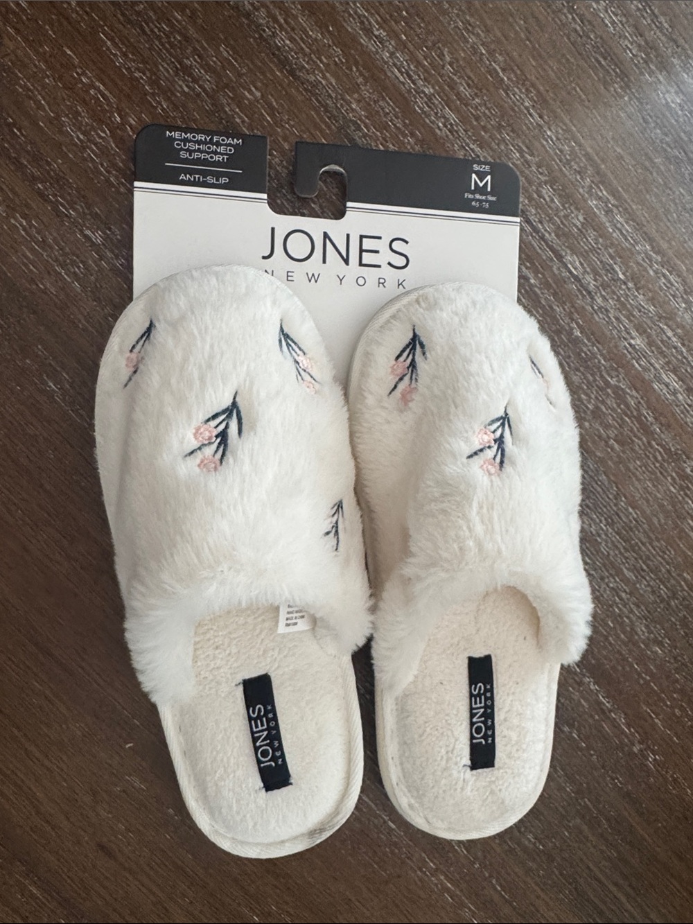 Jones New York Cream Floral Plush Memory Foam Slippers Size M